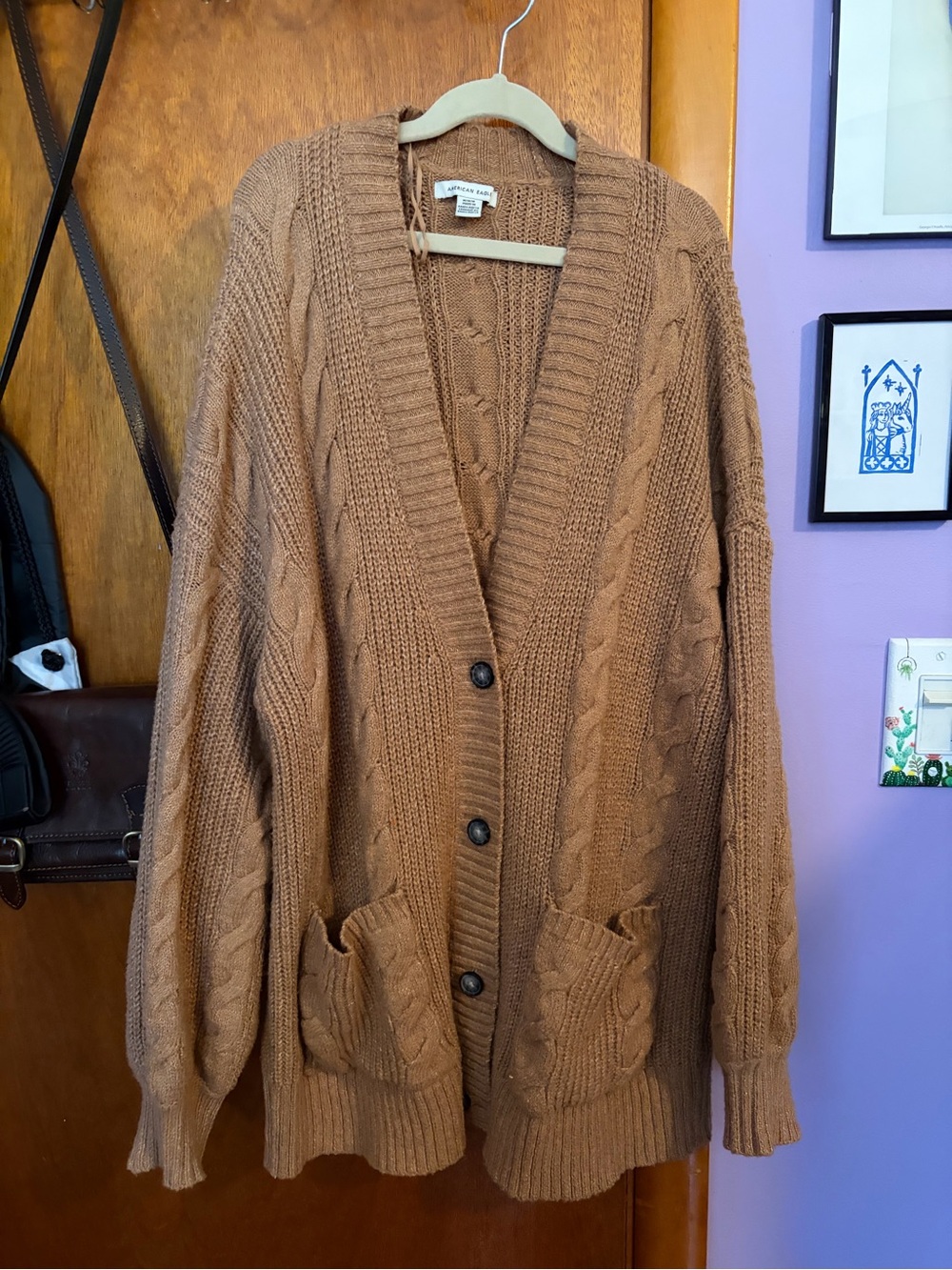 American Eagle Outfitters Brown Cable Knit Button-Front Cardigan